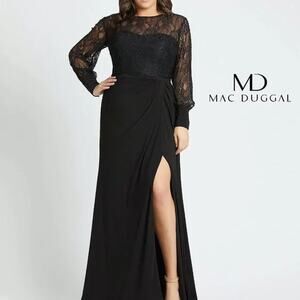 NWT Mac Duggal 67143 Beaded Lace Bodice Long Sleeve Plus Size Gown Size 14W